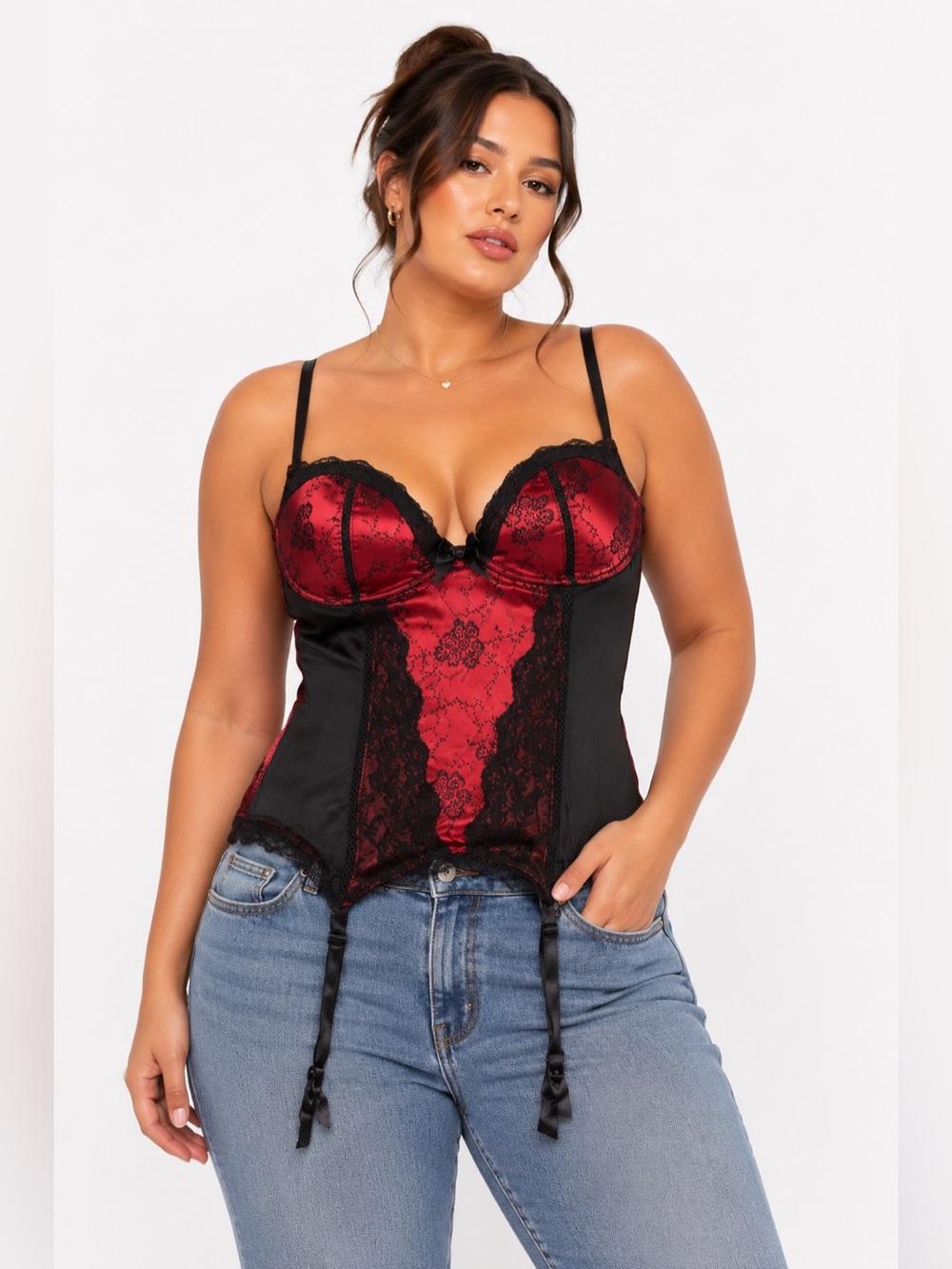 90s Y2K European Vintage Jacquard Floral Corset Bustier w Garters (Red/Black) L